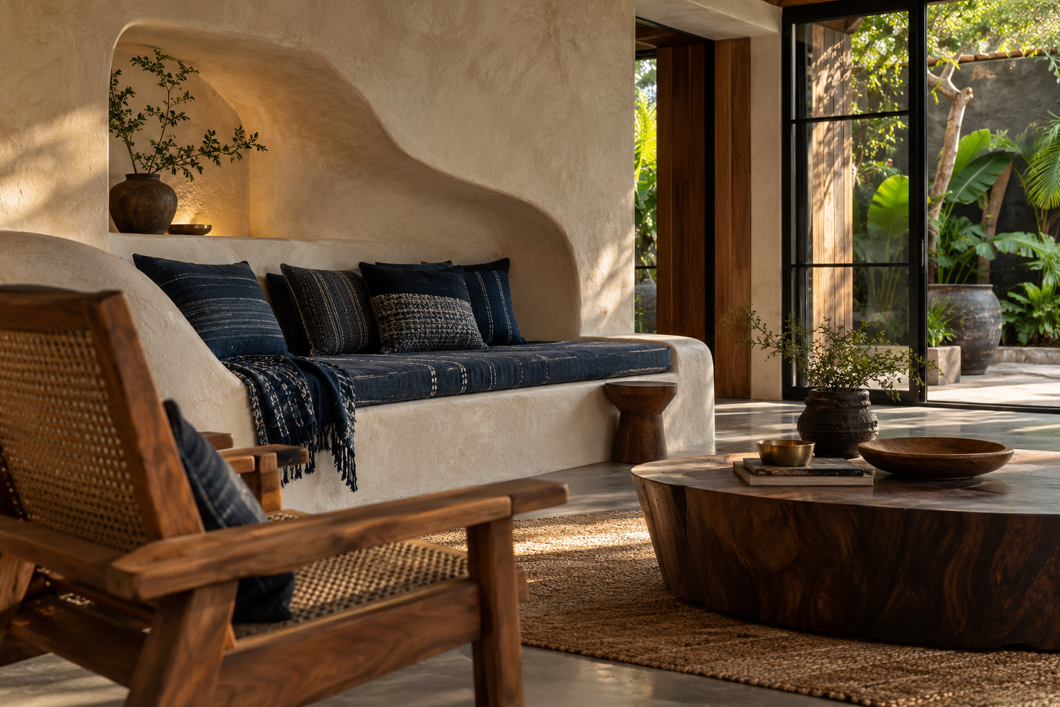 Nigerian-inspired living space concept with indigo textiles, handcrafted wood, sculptural plaster seating and a tropical courtyard
